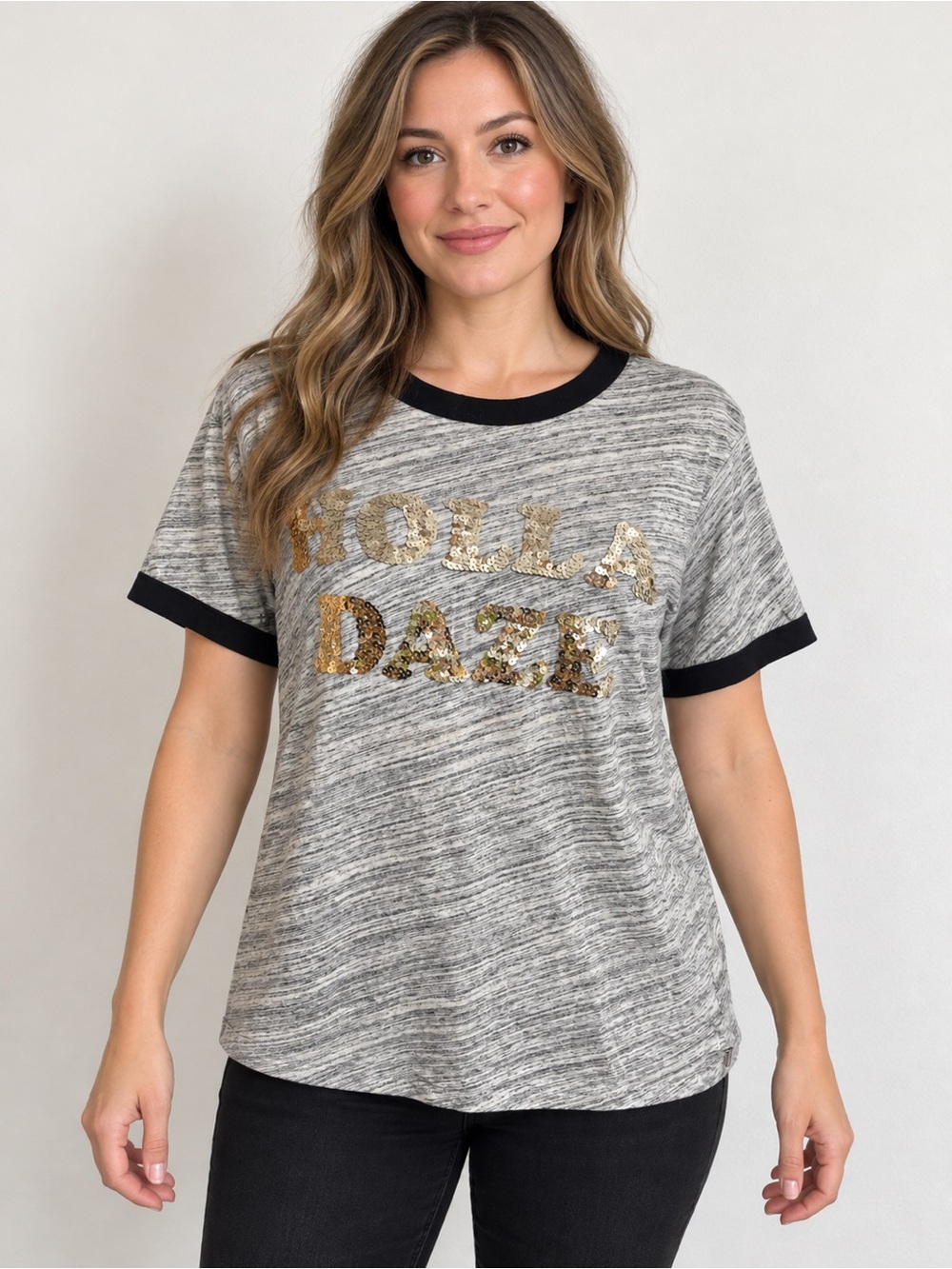 PINK Victoria’s Secret Holla Daze Sequin Holiday Ringer Tee Gray Large